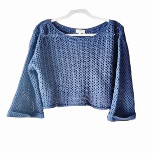 Umgee Crop Open Knit Top W/Fringe Bottom Navy Size S